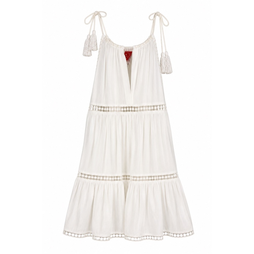 Red Carter Boho Mini Dress White Tassel Rope Strap Ladder Crochet Tiered XS
